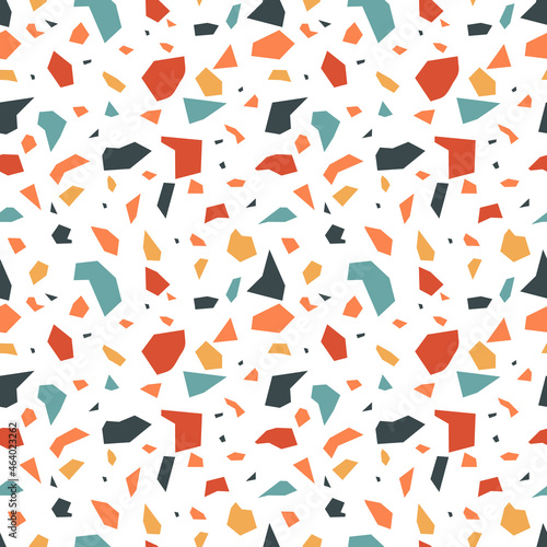 Colorful terrazzo seamless pattern, Abstract terracotta, yellow and blue shapes vector illustration.