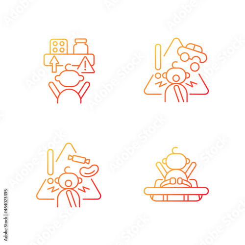 Poisoning and suffocation prevention gradient linear vector icons set. Choking hazard food and toys. Accident precaution. Thin line contour symbols bundle. Isolated outline illustrations collection