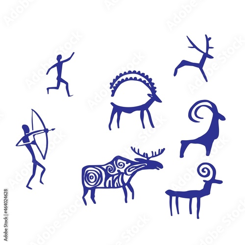 Primitive hunting men silhouette with deers and bull. Rock painting style. Vector hand drawn illustration isolated on white background. Image of cave people everyday life. Art element for design.