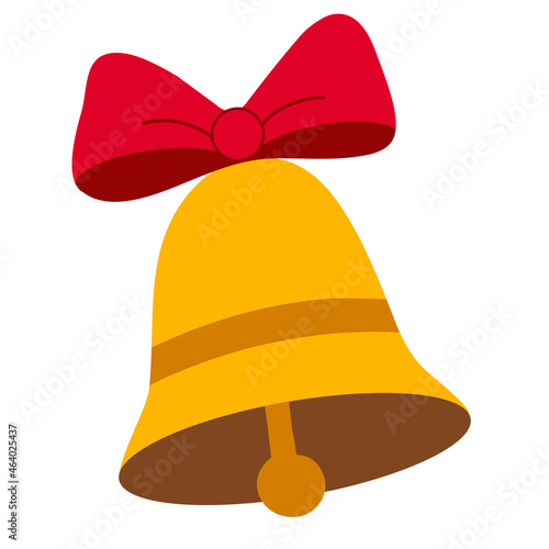 Gold bell with a red bow. School bell. Christmas Symbol. Holiday design element in flat cartoon style, isolated on a white background.  Simple icon for apps and websites. Vector illustration.