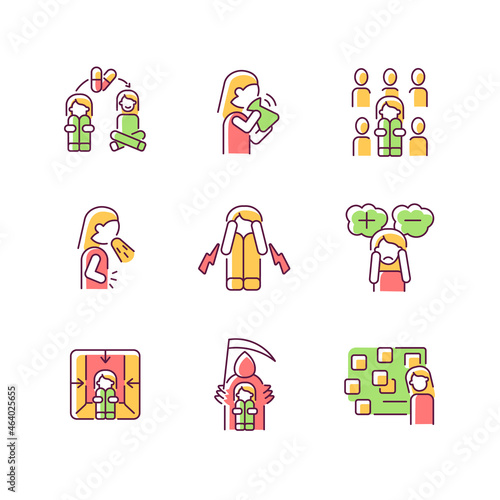 Phobias and its symptoms RGB color icons set. Vomiting and nausea. Hyperventilation and consternation. Signs and treatment. Isolated vector illustrations. Simple filled line drawings collection