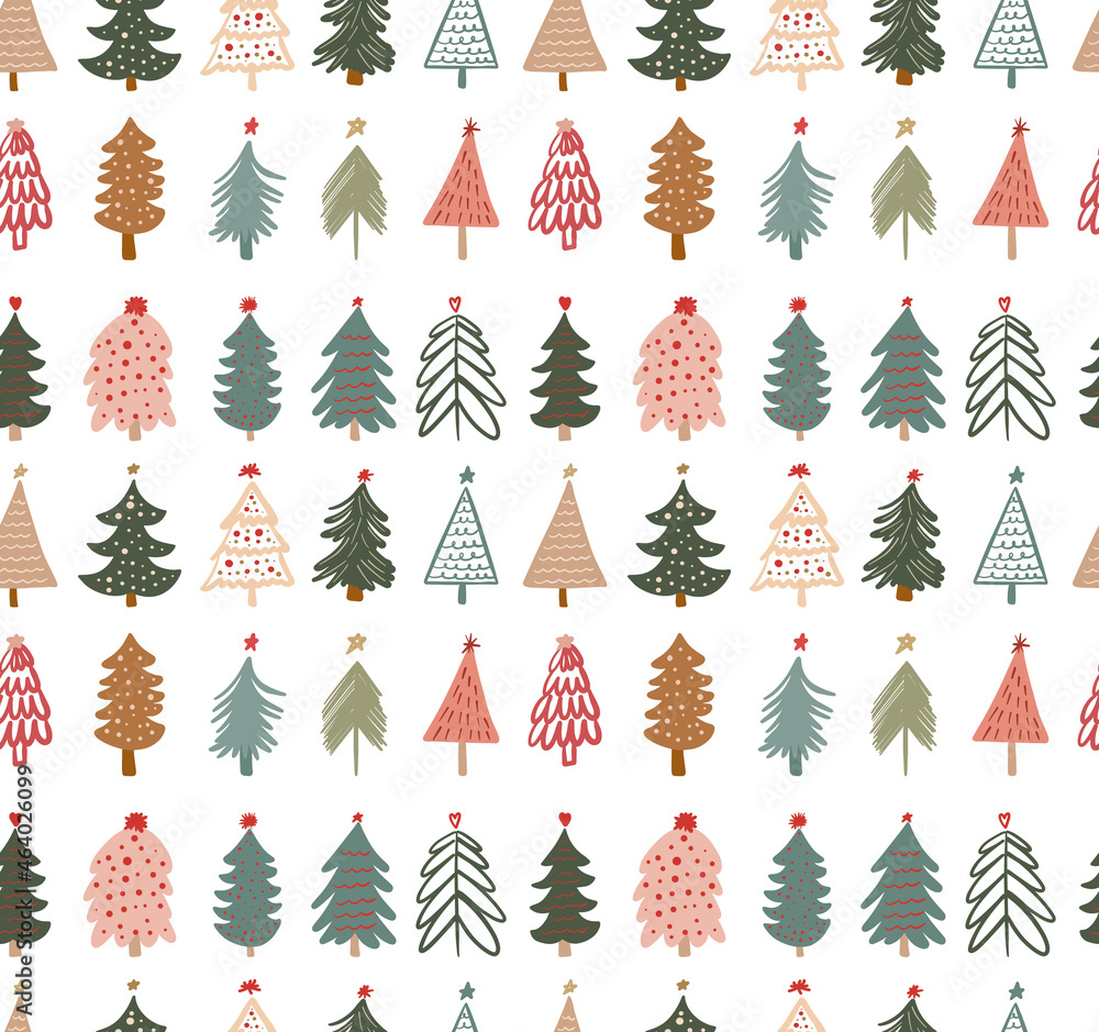 Obraz premium Cute winter season holiday childish seamless pattern with minimalist hand drawn various Christmas tree doodle. Beautiful New Year children naive background design, textile print