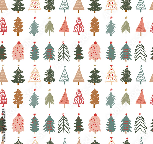 Cute winter season holiday childish seamless pattern with minimalist hand drawn various Christmas tree doodle. Beautiful New Year children naive background design, textile print