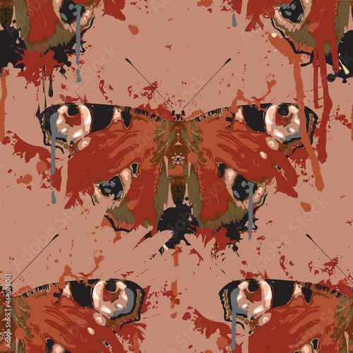 Abstract seamless pattern with peacock eye butterflies, paint spots and drips. Vector repeating background in grunge style. Suitable for Wallpaper, wrapping paper, fabric, textiles, clothing