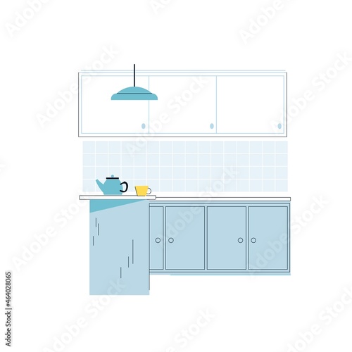 Vector flat cartoon teapot,cup on cooking table with cabinet isolated on empty background-modern home furniture,kitchen set interior elements concept,web site banner ad design
