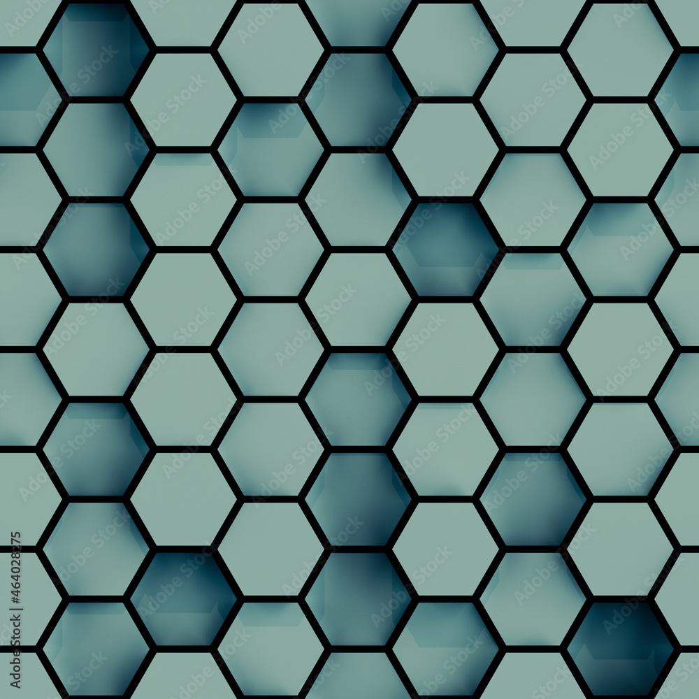 Seamless pattern of teal hexagon tiles 3D rendering illustration Seamless pattern of teal hexagon tiles 3D rendering illustration