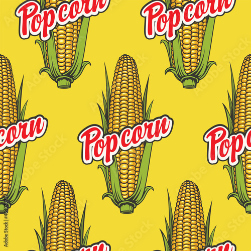 Vector seamless pattern with ripe corn cobs and inscriptions Popcorn on a yellow background. Suitable for branded packaging and wrapping paper in cartoon style