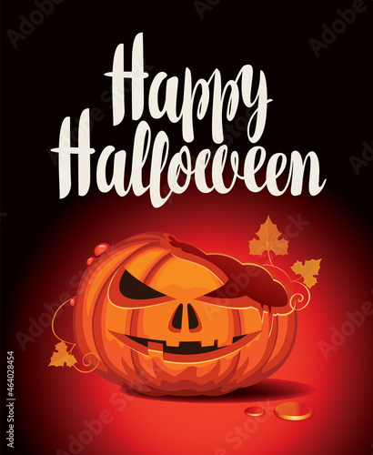 Vector banner for Halloween party with broken laughing pumpkin and inscription on a black background. Spooky pumpkin carved face with an evil smile. Scary flyer or invitation for Halloween celebration