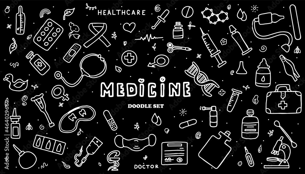 Medical doodle poster with medicines, test tubes and a thermometer. Big pharmacy set. Template for an advertising, pattern or remote medical consultations for adults and children. Vector illustration Medical doodle poster with medicines, test tubes and a thermometer. Big pharmacy set. Template for an advertising, pattern or remote medical consultations for adults and children. Vector illustration