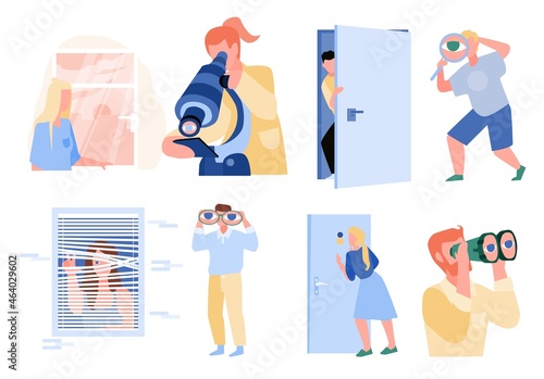 People character peeping, secret spying, observing or looking through microscope, binocular set. Curiosity person hiding in window or door vector illustration