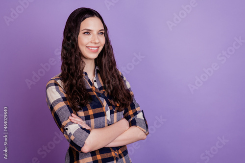 Profile side photo of cheerful girl folded hands happy positive smile confident look empty space isolated on violet background