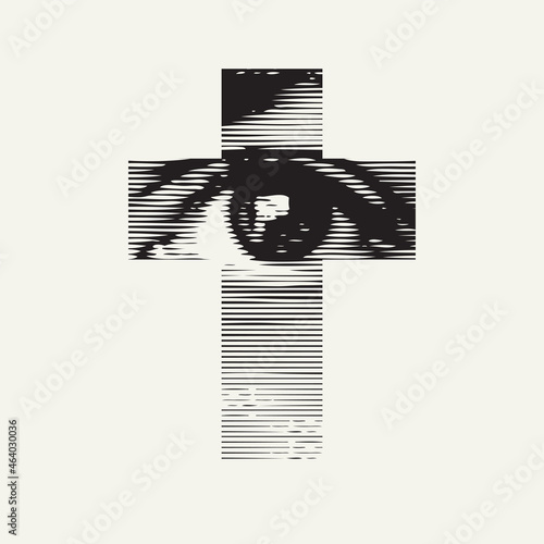 Abstract square banner with a cross and a human eye on an old paper. Black and white vector illustration, religious symbol, icon, T-shirt design, logo, design element. The Lord sees everything
