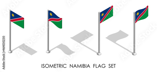 isometric flag of NAMIBIA in static position and in motion on flagpole. 3d vector