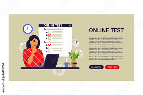 Concept online testing, e-learning, examination on computer. Landing page. Vector illustration. Flat