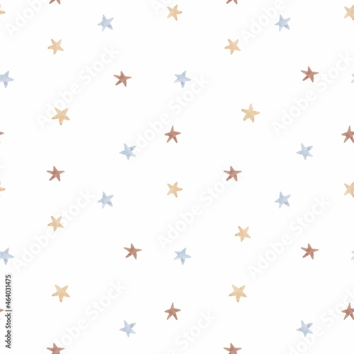 Beautiful vector winter seamless pattern with hand drawn watercolor cute stars. Stock illustration.