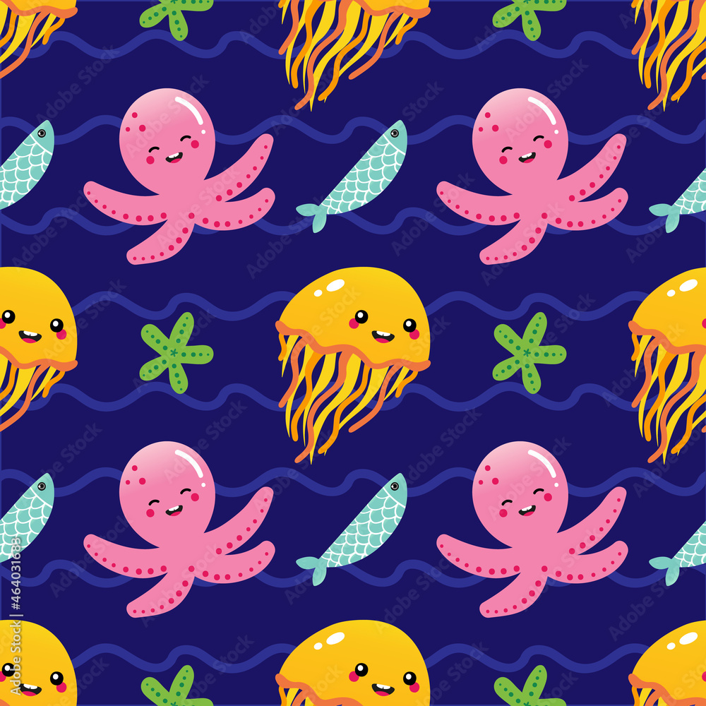 Fototapeta premium Cute cartoon style fish, octopus, jellyfish, starfish characters vector seamless pattern background for sea life design.