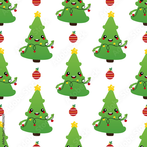 Smiling green christmas tree character with tangled garland and ornaments for Christmas celebration design.
