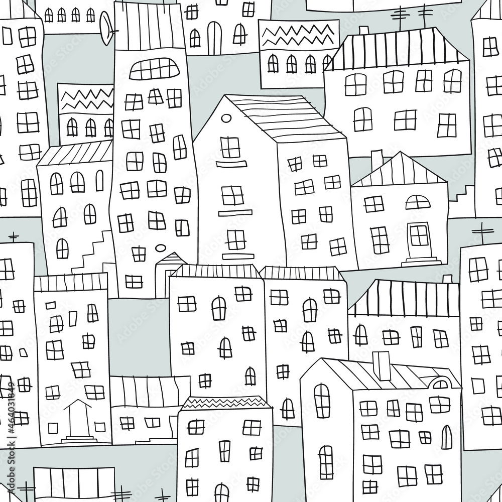 Cartoon cityscape. Cute urban background. Outline. Coloring book for child. Seamless vector pattern.