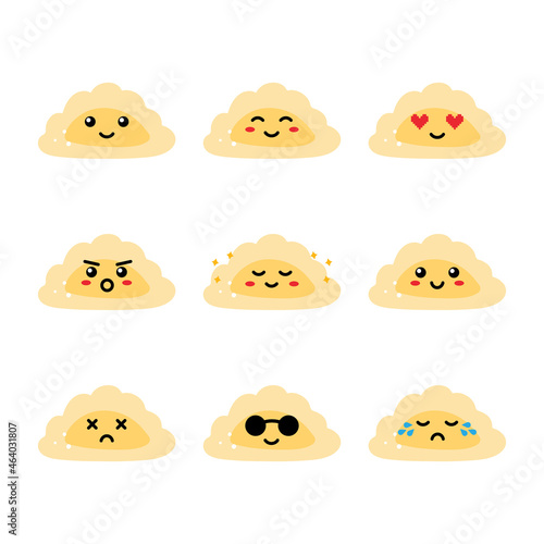 Set, collection, pack of dumplings emoji, vector cartoon style icons of pierogi, filled dumplings characters with different facial expressions, happy, sad, shining, joyful. photo