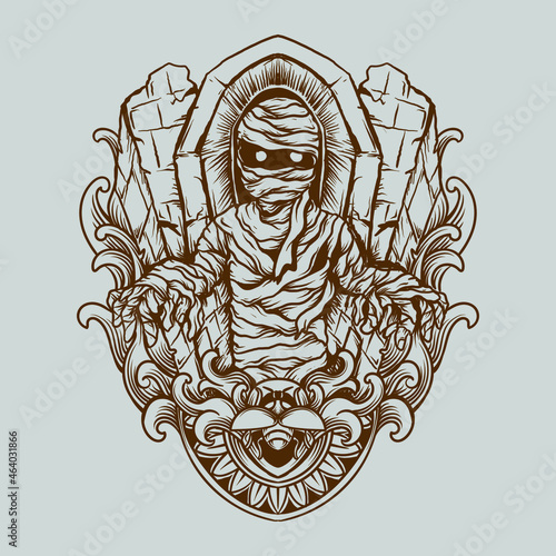 tattoo and t shirt design black and white hand drawn mummy engraving ornament 