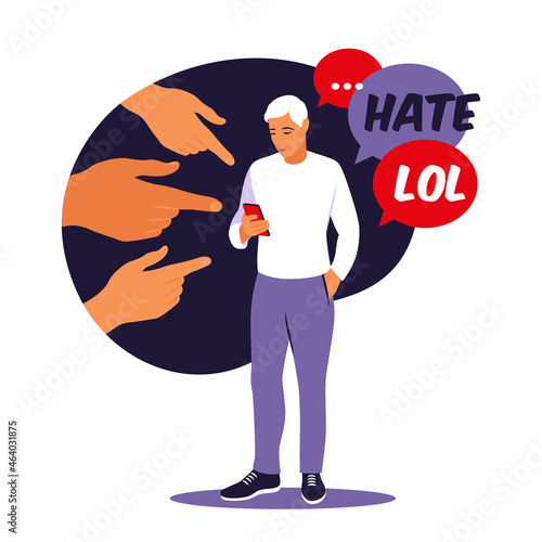Bullying concept. Opinion and the pressure of society. Shame. Hands of people point to the girl. Non-confident man. Vector. Flat