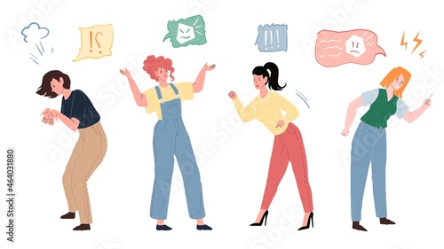 Set of vector cartoon flat women characters in various aggressive moods,different emotions icons,persons and poses.Communication,anger management and social behavior concept,web site banner ad design