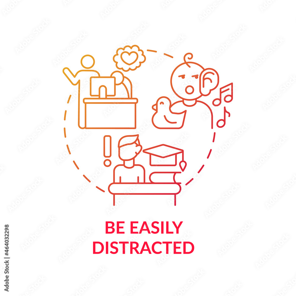 Be easily distracted concept icon. Inattentive symptom abstract idea thin line illustration. Living with attention deficit hyperactivity disorder. Vector isolated outline color drawing Be easily distracted concept icon. Inattentive symptom abstract idea thin line illustration. Living with attention deficit hyperactivity disorder. Vector isolated outline color drawing