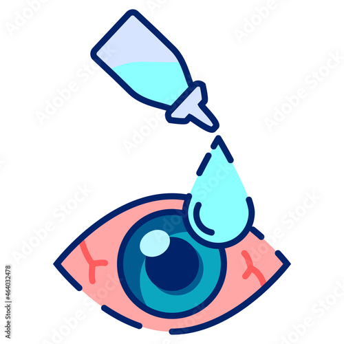 Dry redness eyes.Applying eye drop.Vision treatment.Isolated on white background.Line art vector illustration.