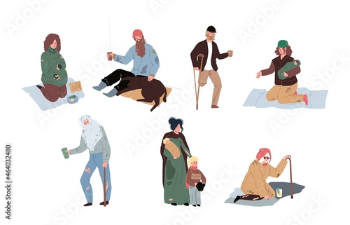 Set of vector cartoon flat homeless sad characters of different age and sex begging for food money in worn clothes-global problem of society,social support and care concept,web site banner design