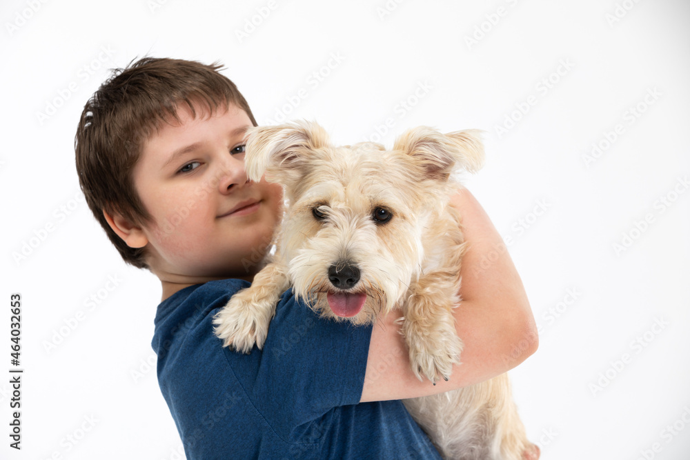 Young boy holds his dog in his arms. Subject isolated from the background. Young boy holds his dog in his arms. Subject isolated from the background.