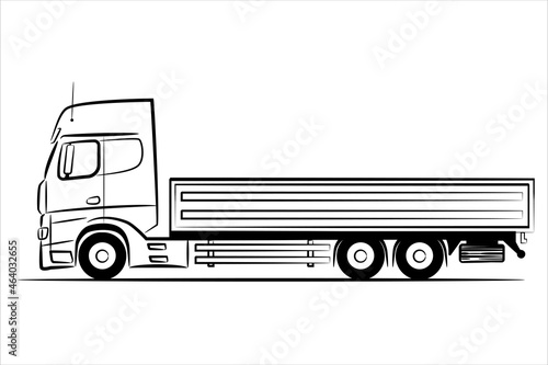 Droptside truck abstract silhouette on white background. A hand drawn line art of a droptside truck car. Raster illustration view from side.