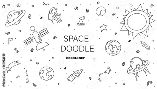 Hand draw space illustration with a rocket, astronaut, planets Cute, children s vector drawing Doodle icons Kid s elements for scrap-booking. Childish background