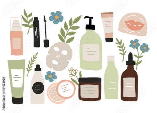 Set of colorful bottles, jars, and tubes with organic cosmetics vector flat illustration. Collection of flowers, leaves, and skincare products isolated on white. Natural eco-friendly composition

