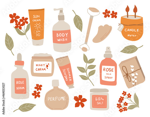 Set of colorful bottles, jars, and tubes with organic cosmetics vector flat illustration. Collection of flowers, leaves, and skincare products isolated on white. Natural eco-friendly composition
