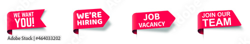 Vector banner set with text we want you, we are hiring, job vacancy and join our team for web