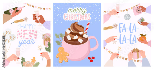 Collection of Holidays cards. Seasonal cozy hygge home decor, food. Perfect for Merry Christmas, Happy New Year, holidays, invitation card and greeting card. Editable vector illustration.