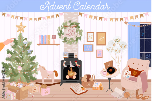 Advent calendar with seasonal cozy hygge home decor and numbers from 1 to 25. Merry Christmas, Happy New Year, holidays poster. Editable vector illustration.