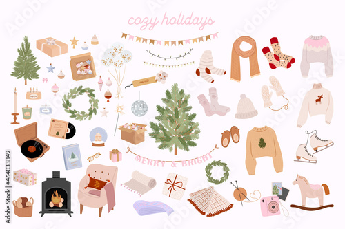 Collection of Holidays elements and cozy hygge home decor. Perfect for Merry Christmas, Happy New Year, holidays, invitation and greeting card. Editable vector illustration.