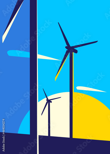 Poster with wind power stations. Placard design in abstract style.