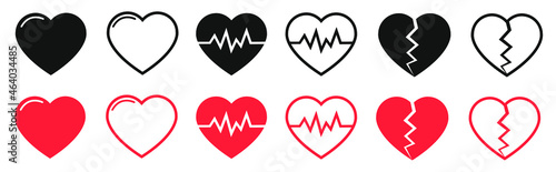 vector icons of heart, heartbreak or broken heart, cardio set flat icon for apps and websites