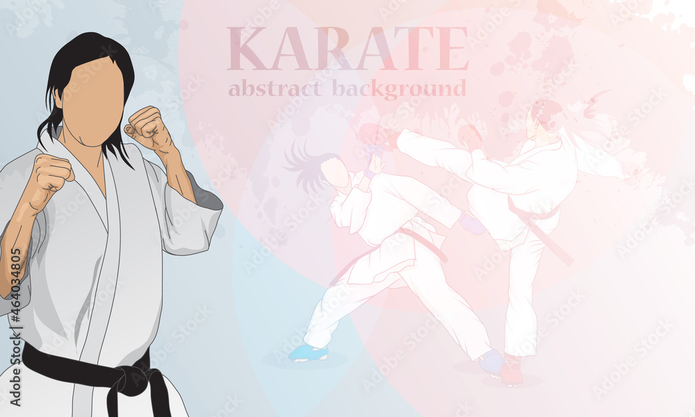 A woman is engaged in martial arts karate, she has a black belt in karate. Abstract background