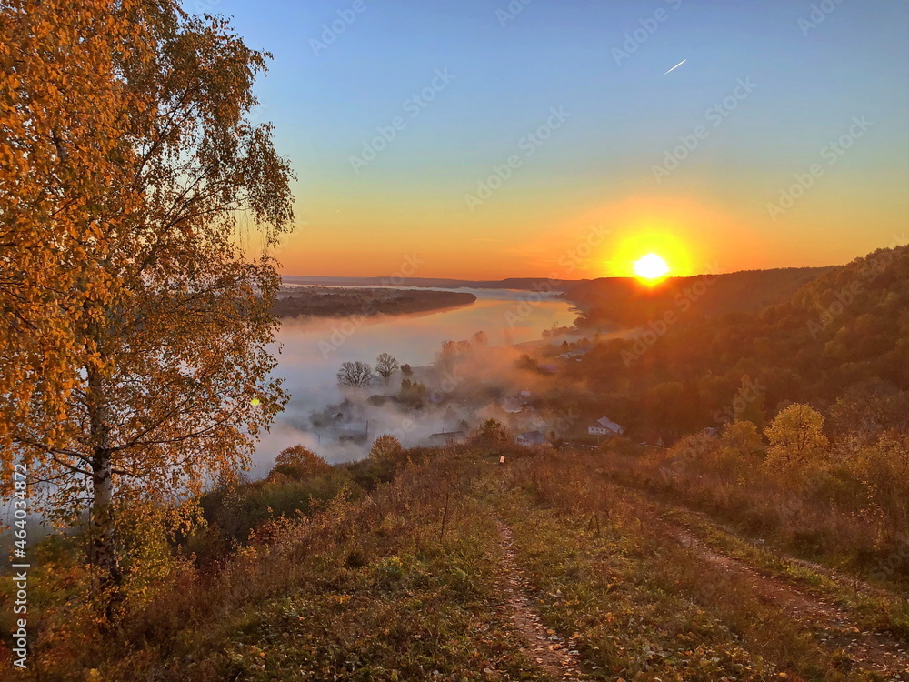 Autumn landscape of the central strip of Russia on a foggy morning.