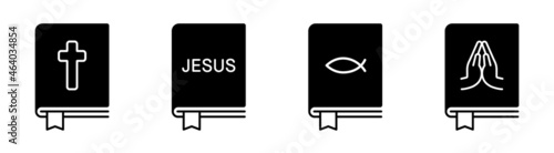Set of Bible icons, cross, Jesus, fish, pray line icons