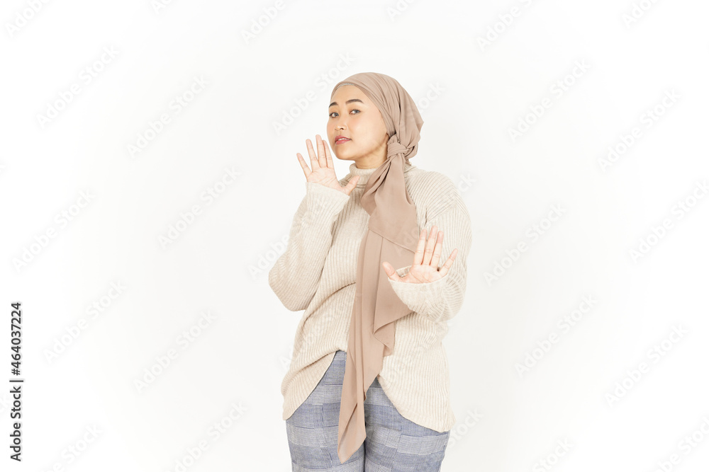 Stop or Rejection Gesture of Beautiful Asian Woman Wearing Hijab Isolated On White Background Stop or Rejection Gesture of Beautiful Asian Woman Wearing Hijab Isolated On White Background