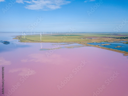 Fototapeta Naklejka Na Ścianę i Meble -  Top view of wind turbines near the pink lake