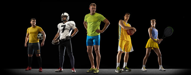 Male and female tennis, soccer, volleyball, american football players standing like team isolated on black studio background.