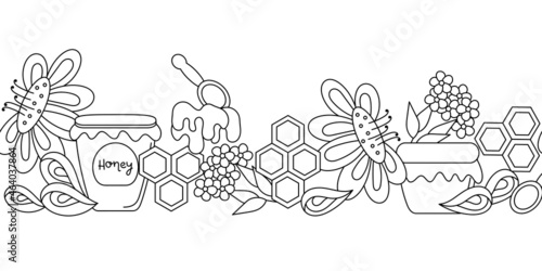 Honey seamless horizontal border. Beekeeping, apiary. Line art vector illustration.