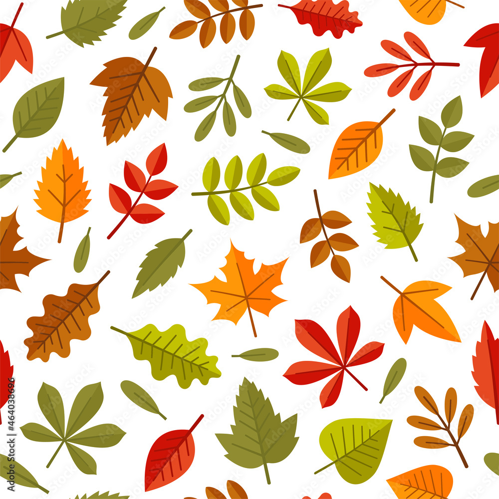 Autumn Leaves Seamless Pattern on White Background. Vector