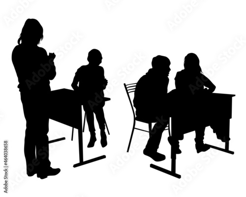 People sit at tables in the office. Isolated silhouettes on white background