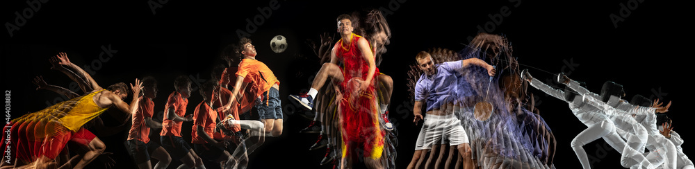 Sportsmen playing basketball, soccer, footbal on black background in mixed light. Sport collage